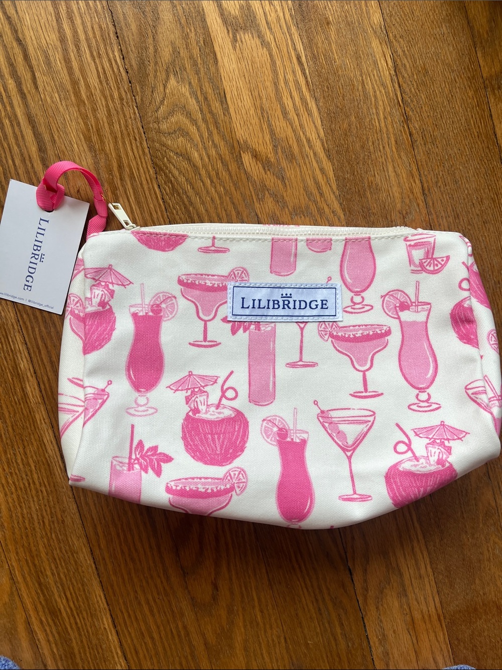 Lilibridge makeup bag featuring a cocktail-themed print on coated canvas.NWT